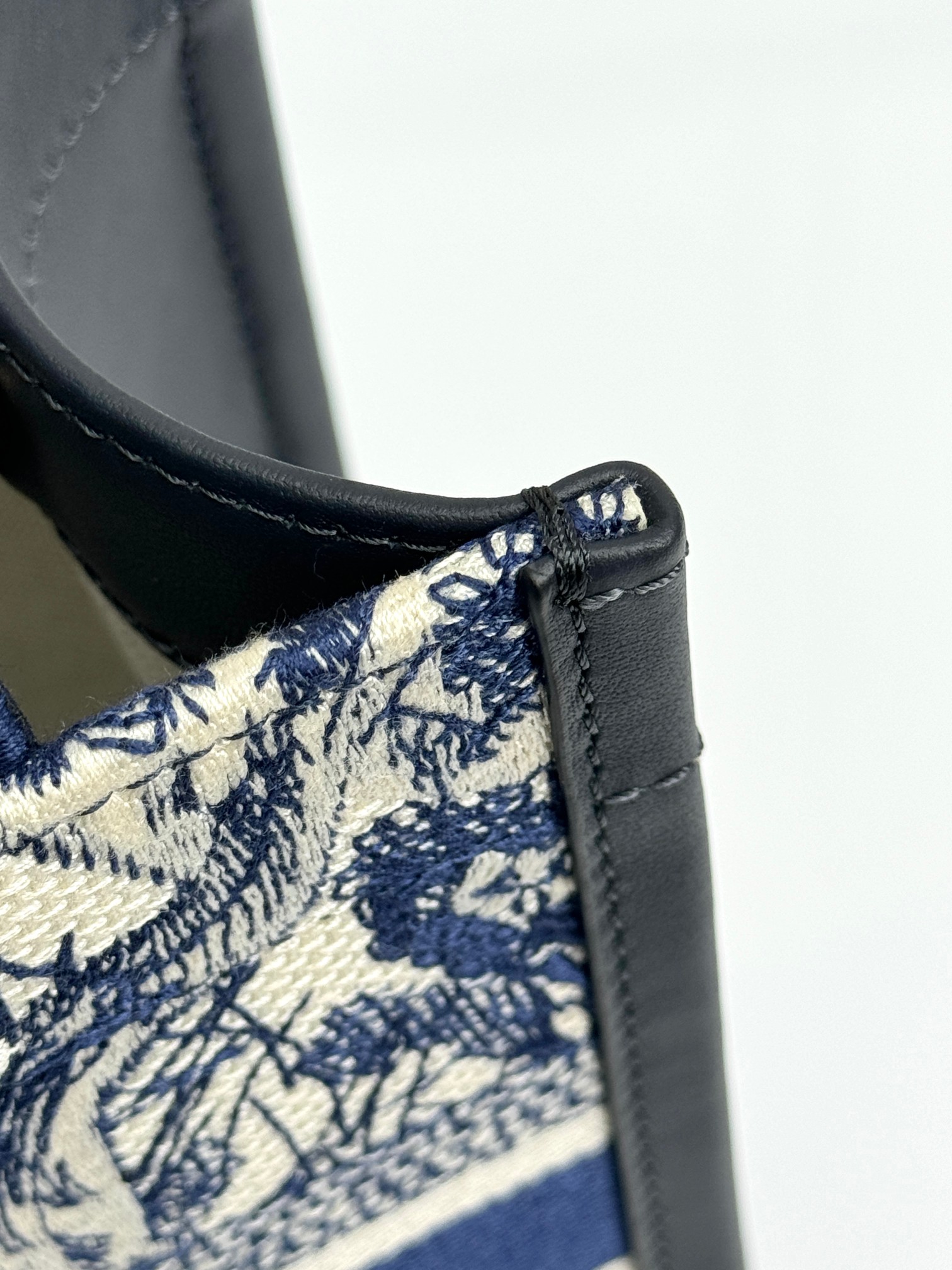 Small Dior Book Tote Bag White and Navy Blue Toile de Jouy Sauvage Embroidery with Navy Blue Calfskin